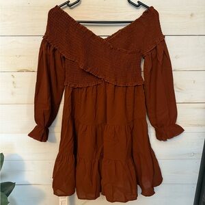 Cupshe Brown Off-Shoulder Long Sleeve Dress